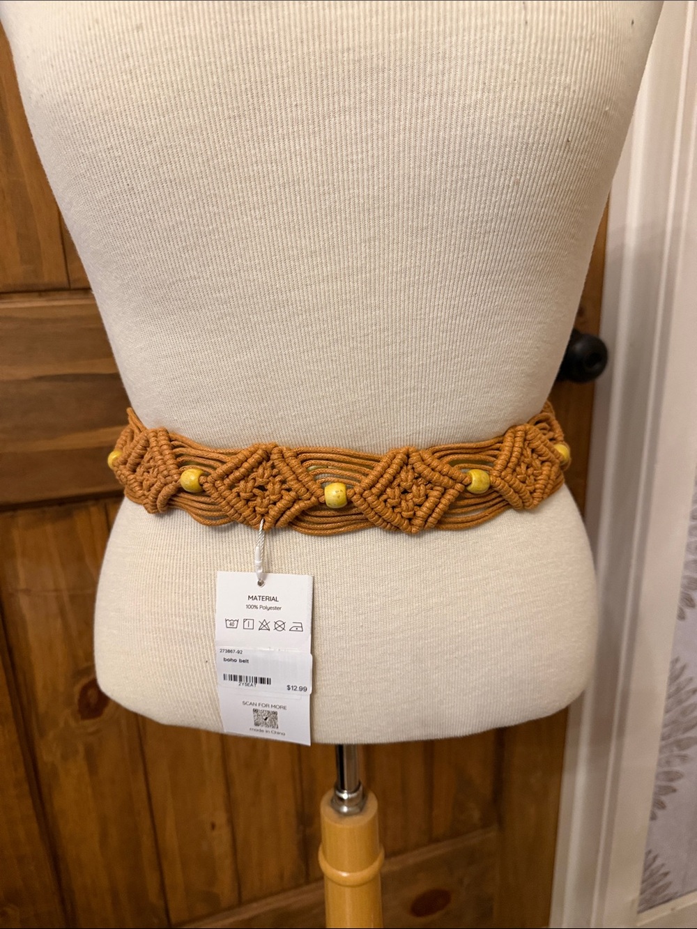 Handmade Macrame Mustard Yellow Belt with Bead Accents
